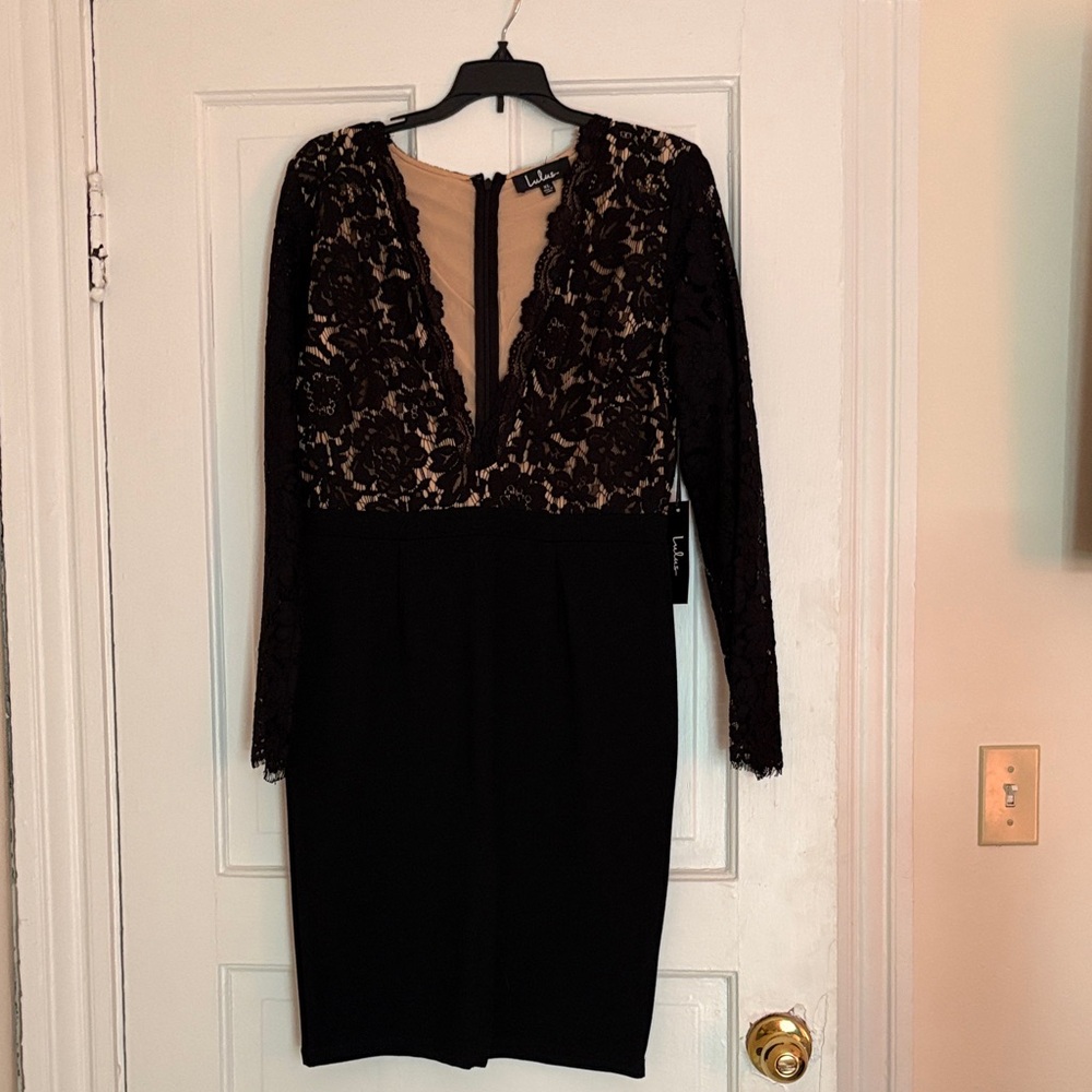 Lulu's Black and nude  Lace Long Sleeve Dress